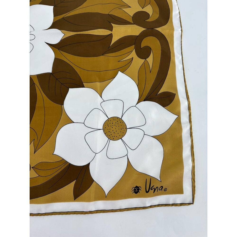 Vintage Uena Scarf Womens Brown White Floral Blossoms Square Silk Retro Sheer - Picture 2 of 9